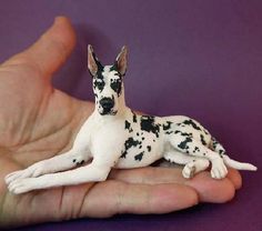 a hand holding a small toy dog in it's right hand, with the image of a dalmatian laying down