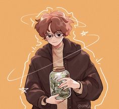 a drawing of a person holding a jar with plants in it and writing on the side