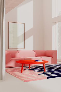 a living room with a pink couch, coffee table and large window in the background