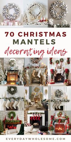 christmas mantels decorated with stockings, stockings and wreaths for the holiday season