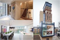 four different views of the inside of a house, including stairs and dining room area