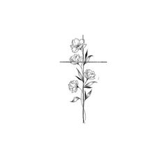 a cross with flowers on the side and one flower at the top is drawn in black ink