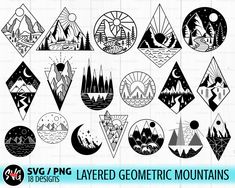 the geometric mountains clipart is shown in black and white