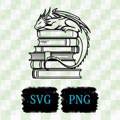 a dragon sitting on top of a pile of books next to the words svg png