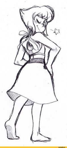 a drawing of a girl in a dress with her arms around her neck and hands behind her back