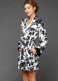 Indulgence Silk Wrap - Luxury Short Robe with Lace | Julianna Rae Elegant Floral Print V-neck Sleepwear, Elegant Floral V-neck Sleepwear, Elegant Night Robe For Spring, Elegant Spring Night Robe, Elegant Floral Print V-neck Kimono, Elegant Wrap Kimono With Floral Print, Elegant Floral Print Wrap Robe, Elegant Shawl Collar Loungewear Robe, Elegant Shawl Collar Robe For Loungewear