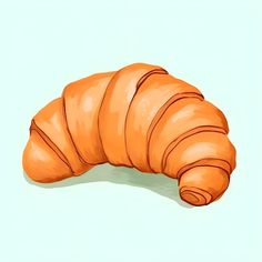 an orange croissant sitting on top of a light blue surface with one end curled up