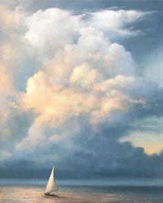 a painting of a sailboat in the ocean under a cloudy sky with white clouds