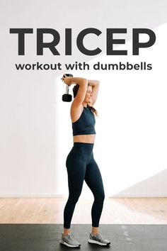 a woman in black top and leggings doing exercises with dumbbells