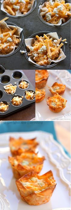 some food is being prepared in muffin tins and placed on top of each other