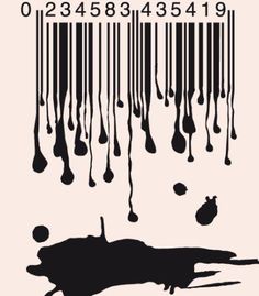 a bar code with drops of blood hanging from it's sides and an animal in the foreground