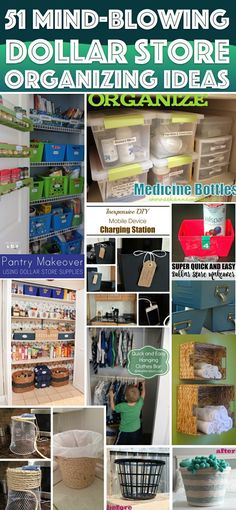 a collage of pictures with baskets and bins in them, including the words 5 mind - blowing dollar store organizing ideas organized