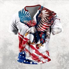 Season:Spring  Summer; Fabric:Polyester; Sleeve Length:Short Sleeve; Look After Me:Washable,Wet and Dry Cleaning; Gender:Men's; Style:Casual; Elasticity:Micro-elastic; Tops Type:T shirt; Occasion:Daily; Age Group:Adults; Fit Type:Regular Fit; Pattern:Eagle,American US Flag,Patriotic; Design:Print; Front page:FF; Listing Date:06/24/2024; Print Type:3D Print