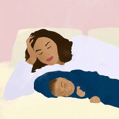 a woman laying in bed next to a baby sleeping on it's side with her head resting on the pillow