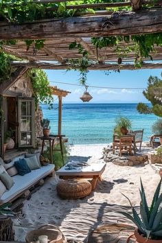 an outdoor seating area on the beach