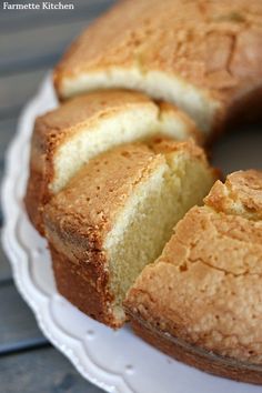 a bundt cake is cut into slices on a plate