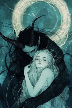 a woman hugging a man with horns on his head in front of a full moon