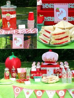 a table topped with lots of cakes and desserts next to a red picnic cooler