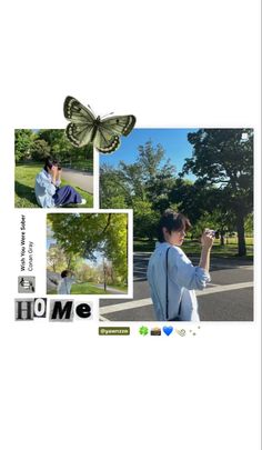 an image of a woman taking pictures with her cell phone and butterfly flying over her head