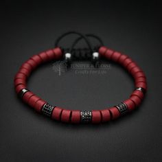 Handmade bracelet made with 6mm red ceramic Mykonos beads and Rhodium plated 925 silver spacer beads featuring black CZ Diamond stones. Its adjustable, utilizing a sliding knot made with macrame cord and is easy to put on and take off by yourself. Ceramic beads are handmade and unique with vibrant Horn Pendant Necklace, Red Beaded Bracelet, Bracelet Pandora, Artisan Bracelets, Swarovski Necklace, Men's Bracelet, Mens Beaded Bracelets, Crystal Necklace Pendant, Bracelet Argent