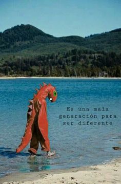 a red dragon is walking in the water at the edge of a lake with mountains in the background