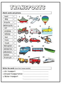 transportation worksheet with pictures and words to help students learn how to use them