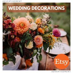 an advertisement for wedding decorations with flowers in vases and plates on a wooden table