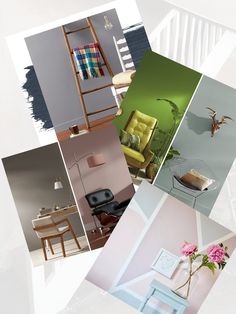 a collage of photos with different furniture and colors