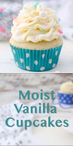 two pictures of vanilla cupcakes with frosting and sprinkles