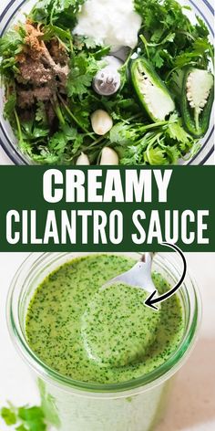 creamy cilantro sauce in a mason jar with the title above it