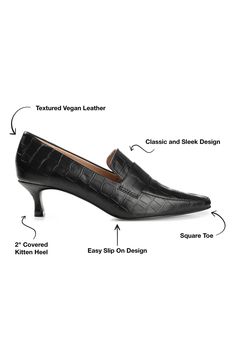 A croc-embossed finish brings chic style to a loafer pump lifted by a just-right kitten heel. 2" heel Synthetic upper, lining and sole Imported Elegant High Heel Synthetic Loafers, Elegant Office Heels With Textured Sole, Slip-on Heels With Textured Sole For Office, Pointed Toe Heels With Textured Sole For Office, Office Slip-on Heels With Textured Sole, Classic Slip-on Heels With Textured Sole, Slip-on Heels With Textured Sole For Formal Occasions, Leather Heels With Crocodile Pattern For Work, Classic Almond Toe Heels With Textured Sole