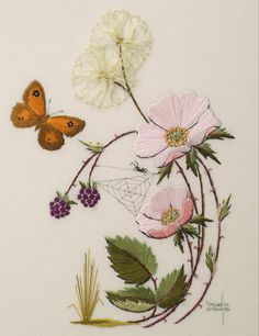 three flowers and two butterflies on a white background