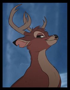 an animated deer with antlers on it's head looking up at the sky