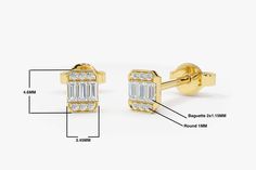 "Baguette Diamond Studs / Mini Diamond Stud Earrings / Tiny Baguette Diamond Earrings / Minimal Dainty Diamond Earrings by Ferkos Fine Jewelry Features ✔Made to Order ✔Gold Kt: 14K (also available in 18K) ✔Available Gold Color: Rose Gold, Yellow Gold, White Gold ✔Length & Width: 4.6MM x 3.45MM ✔Baguette Diamond: 6 pcs 2.x1.15 MM (for the Pair) ✔Round Diamond: 12 pcs 1 MM (for the Pair) ✔Number of Stones: 18 ✔Total CTW: 0.10 ✔ Diamond Color-Clarity: G Color SI Clarity ✔Ready to Ship in 1-3 Bu Classic Baguette Earrings For Gift, Gold Baguette Cut Earrings For Gift, Yellow Gold Baguette Earrings For Gift, Baguette Yellow Gold Earrings As Gift, Baguette Yellow Gold Earrings For Gift, Gold Rectangular Earrings With Baguette Diamonds, Gold Baguette Earrings For Anniversary, Gold Baguette Earrings For Formal Occasions, Formal Gold Baguette Earrings