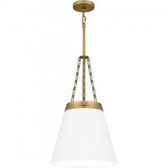 a light fixture with a white glass shade hanging from it's brass chain frame