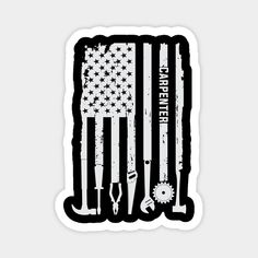 an american flag sticker with tools and wrenches on it, in black and white