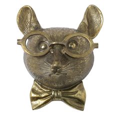 a metal mouse with glasses on it's head and a bow tie around its neck