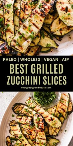 grilled zucchini slices on a white plate with parsley and pesto