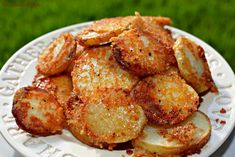 some fried potatoes on a white plate in the middle of a green grass lawn area