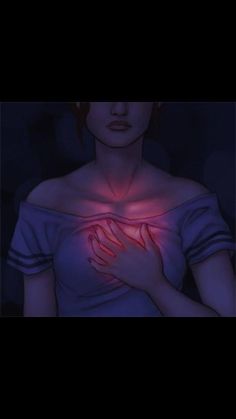 a woman holding her chest in the dark with red light coming out of her chest