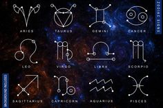 zodiac signs and their names in white on a black background