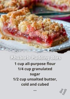 a piece of rhubarb pudding bars on a plate with the recipe below it