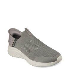 True comfort and convenience are here with these Men's Skechers Hands Free Slip-ins: Ultra Flex 3. 0 - Viewpoint sneakers. Designed with a unique Comfort Pillow in the heel. This hands-free style features a pop-up molded heel panel, a Stretch Fit engineered knit upper, and a cushioned Skechers Air-Cooled Memory Foam insole. | Skechers Men's Slip Ins: Ultra Flex 3. 0 Viewpoint Sneaker in Taupe Size 7 Medium Dress Sandals Flat, Mens Skechers, Native Shoes, Wide Width Shoes, Free Style, Retro Sneakers, Shoes Heels Pumps, Wedge Sneakers, Sandals Brands