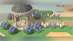 an animated image of a garden with blue flowers and a gazebo in the background