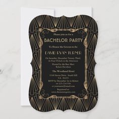 a black and gold art deco style bachelor party card