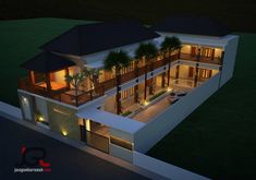 an artist's rendering of a modern house at night with palm trees and lights on the balconies