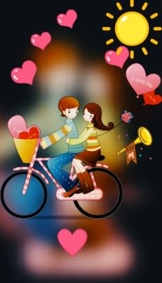 two people riding on a bike with balloons and hearts floating around the bicycle in the air