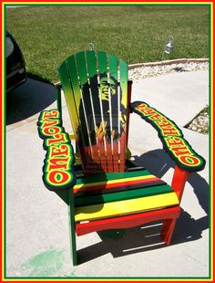 a brightly colored adirondack with the word oregon on it's side