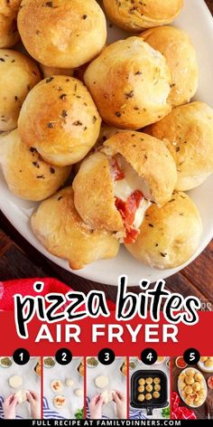 pizza bites air fryer recipe on a white plate with instructions to make them easy and delicious