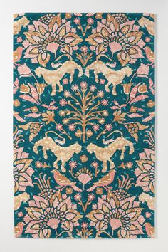 an intricately designed wallpaper with horses and flowers in gold, green, pink and blue